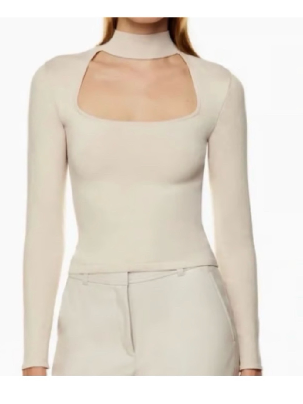 Babaton Aritzia Cream Beige Sculpt Knit Mock Neck Cutout Long Sleeve Top XS Y2K